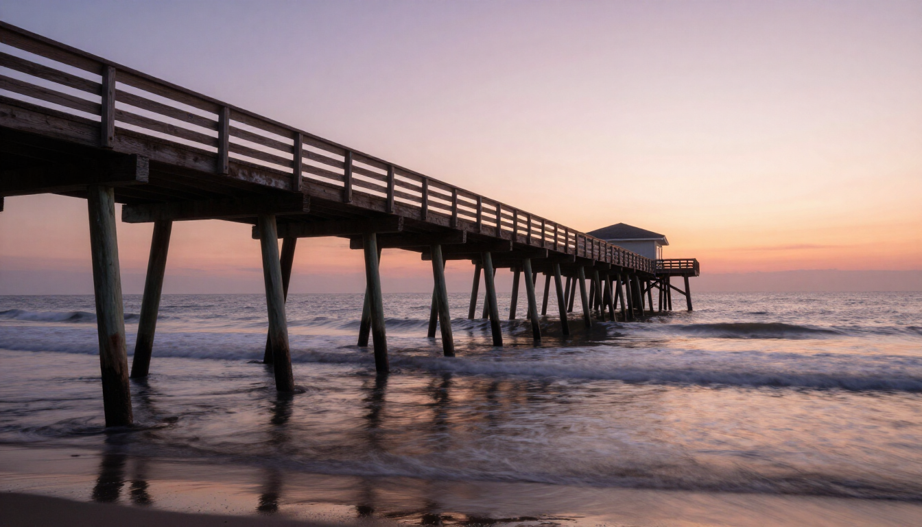 Myrtle Beach sunrise over the Atlantic Ocean with a wooden pier in the foreground