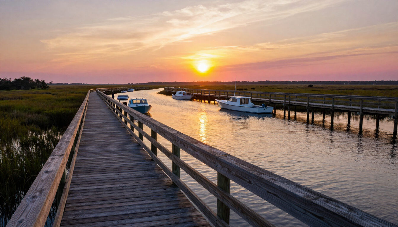 Golden hour view of the Murrells Inlet MarshWalk at sunset