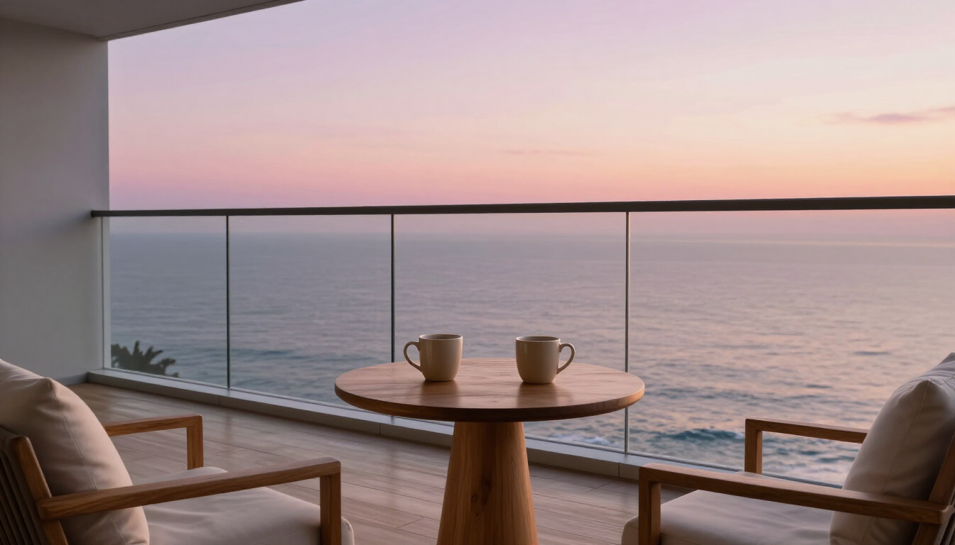 Modern vacation rental balcony overlooking the ocean at dawn